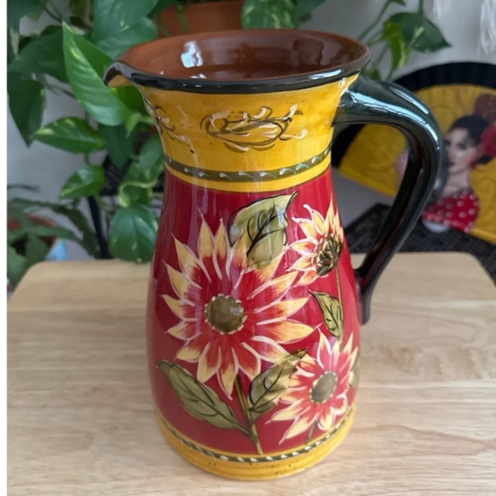 Pier 1 Imports Hand Painted Terracotta Sunflower Large Beverage Pitcher 72 Oz